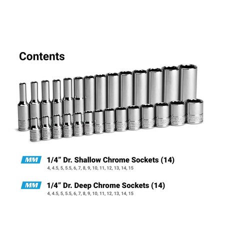Capri Tools 14 Drive 12Point Shallow and Deep Socket Set, Metric, 4 to 15 mm, 28Pcs CP16100-28MSD